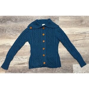 vintage‎ Blue exclusive imports cable knit cardigan sweater Wood Buttons M
